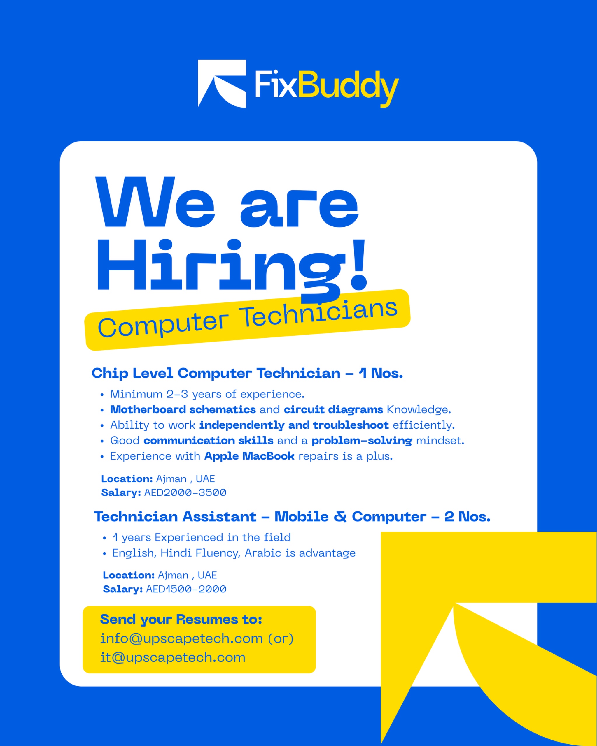 FixBuddy Hiring Poster - We are hiring Computer Technicians