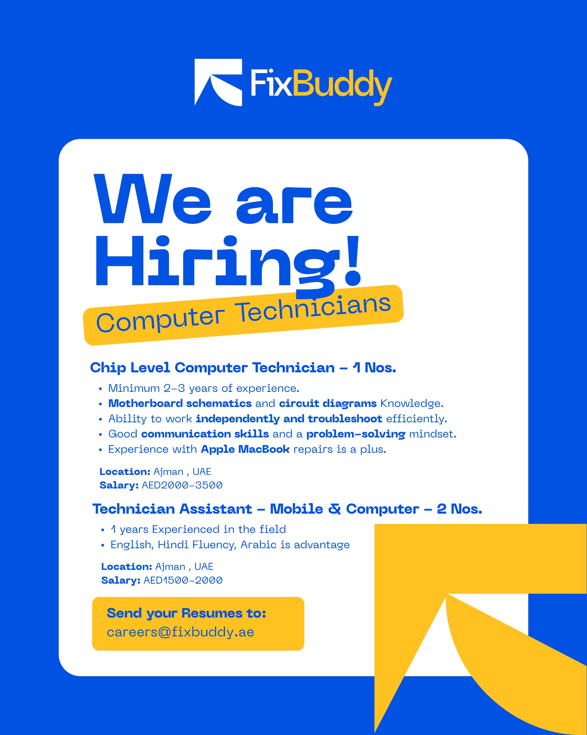 FixBuddy We are Hiring poster – Computer Technicians recruitment details